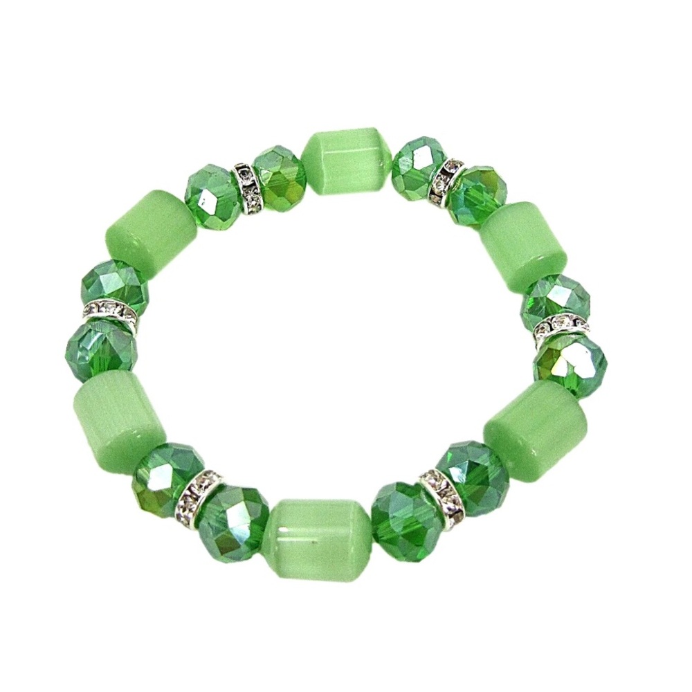 Green Glass and Green Cat Eye Stone Stretch Bracelet with Clear Crystals NEW
